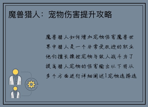 魔兽猎人：宠物伤害提升攻略